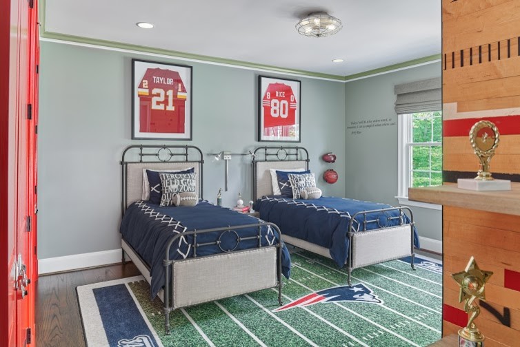 Mid-sized transitional kids' room in DC Metro with grey walls, medium hardwood floors and brown floor for boys.