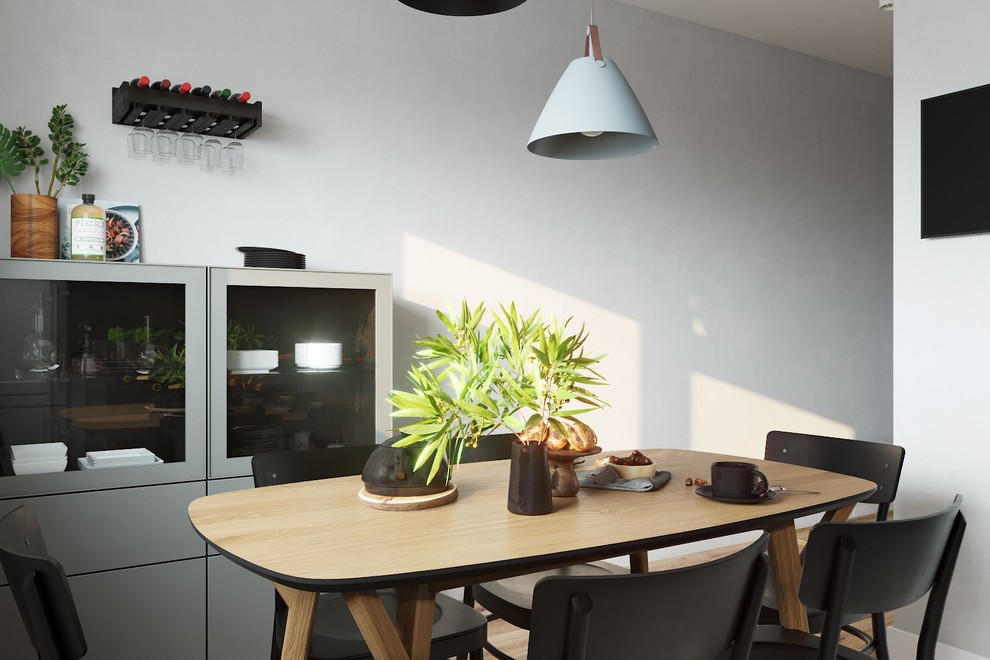 Прямоугольный стол для обеденной зоны выбран с приятной тёплой на ощупь текстуро