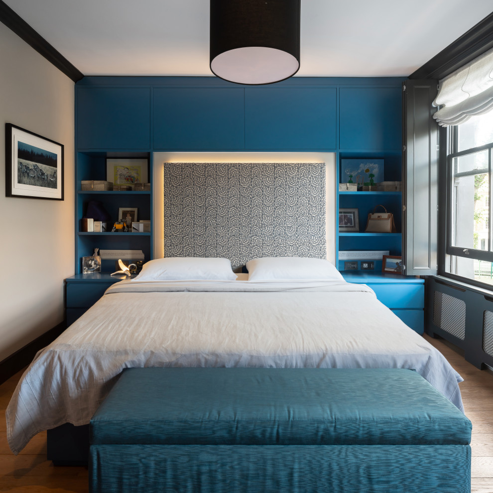 Inspiration for a contemporary grey and teal bedroom in London.