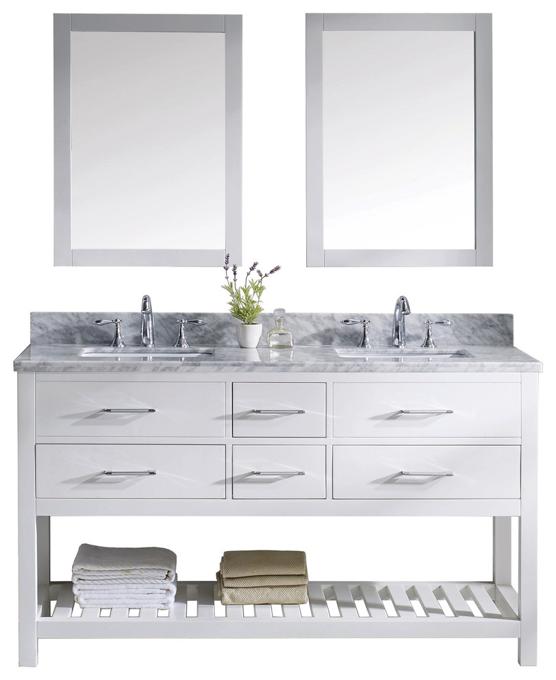 Caroline Estate 60" Double Vanity in White, Marble Top, Square Sinks, Mirrors