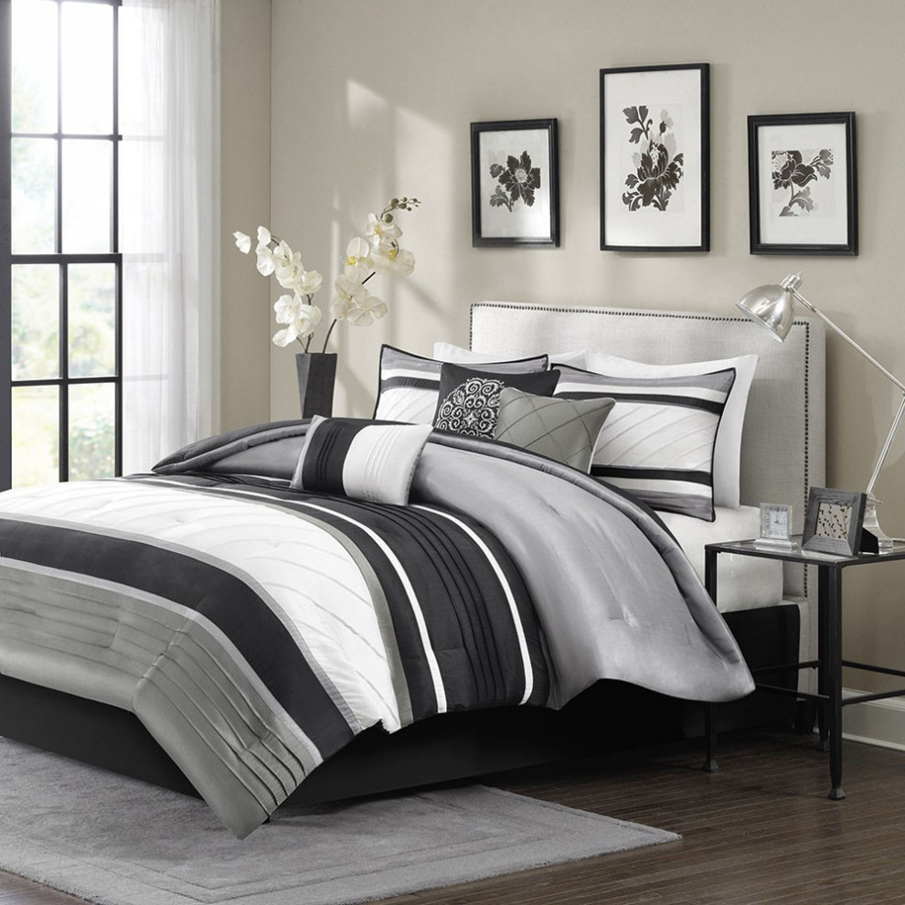 Blaire 7piece Comforter Set, California King, Grey Contemporary