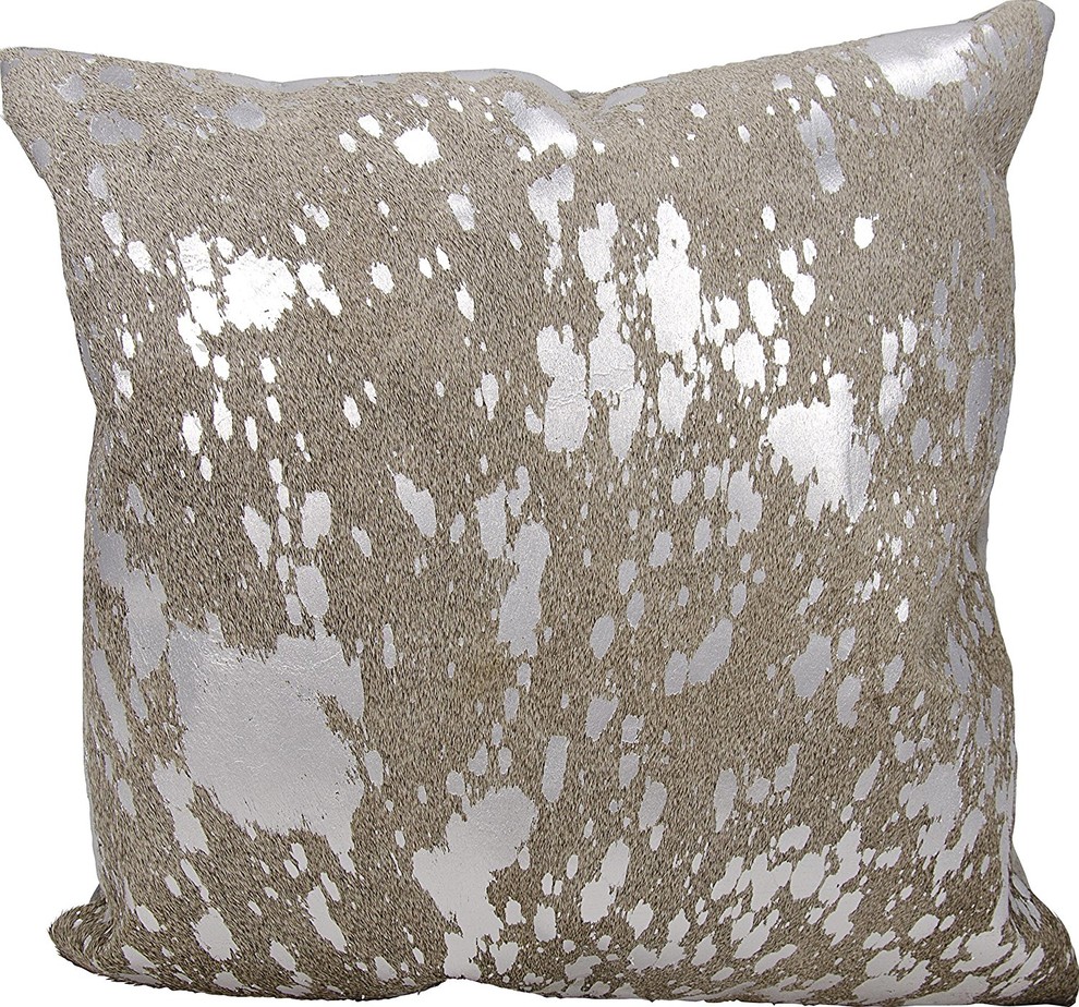 Mina Victory Couture Natural Hide Metallic Splash Gray/Silver Throw Pillow