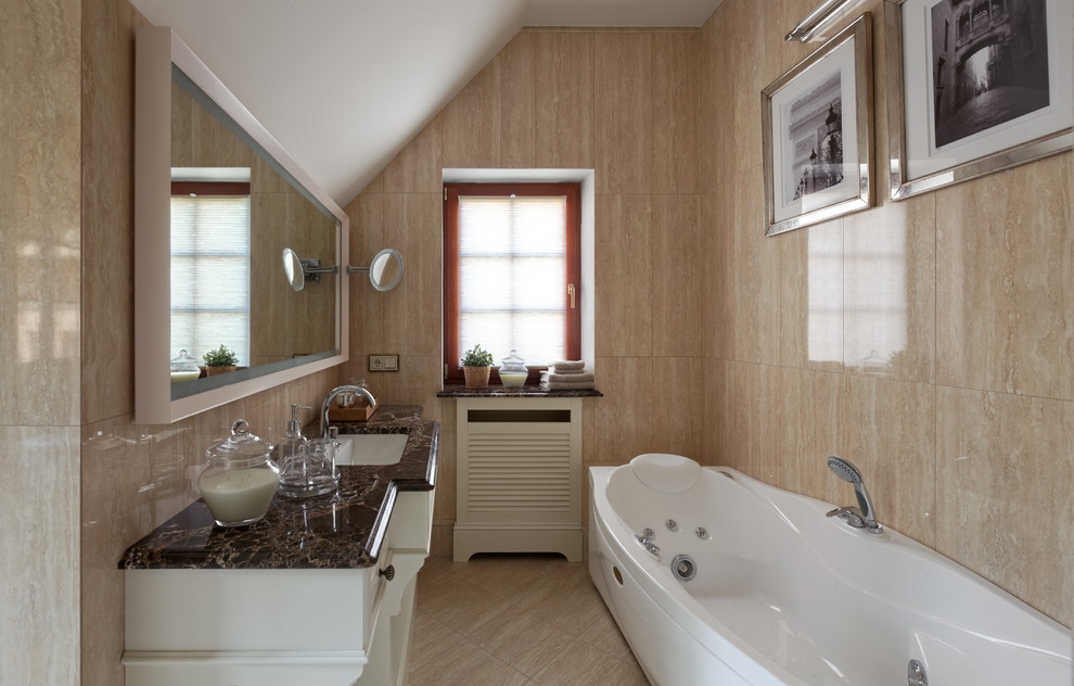 Design ideas for a contemporary bathroom in Moscow with a hot tub and an undermount sink.