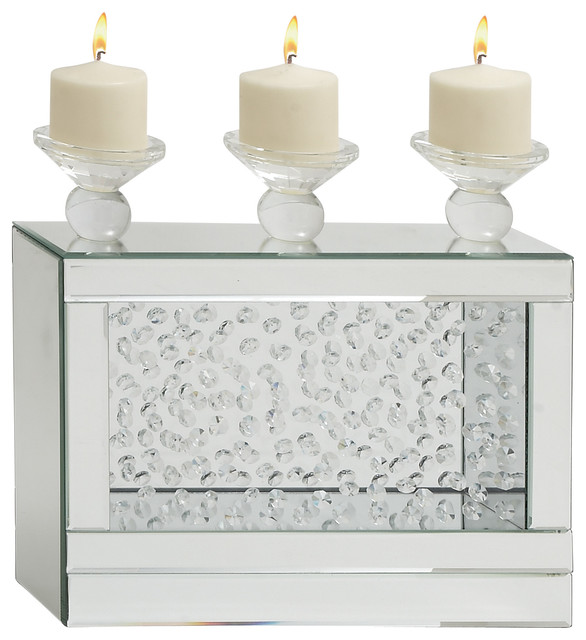 Modern Reflections Glass and Wood Candle Holder, Reflective Mirror