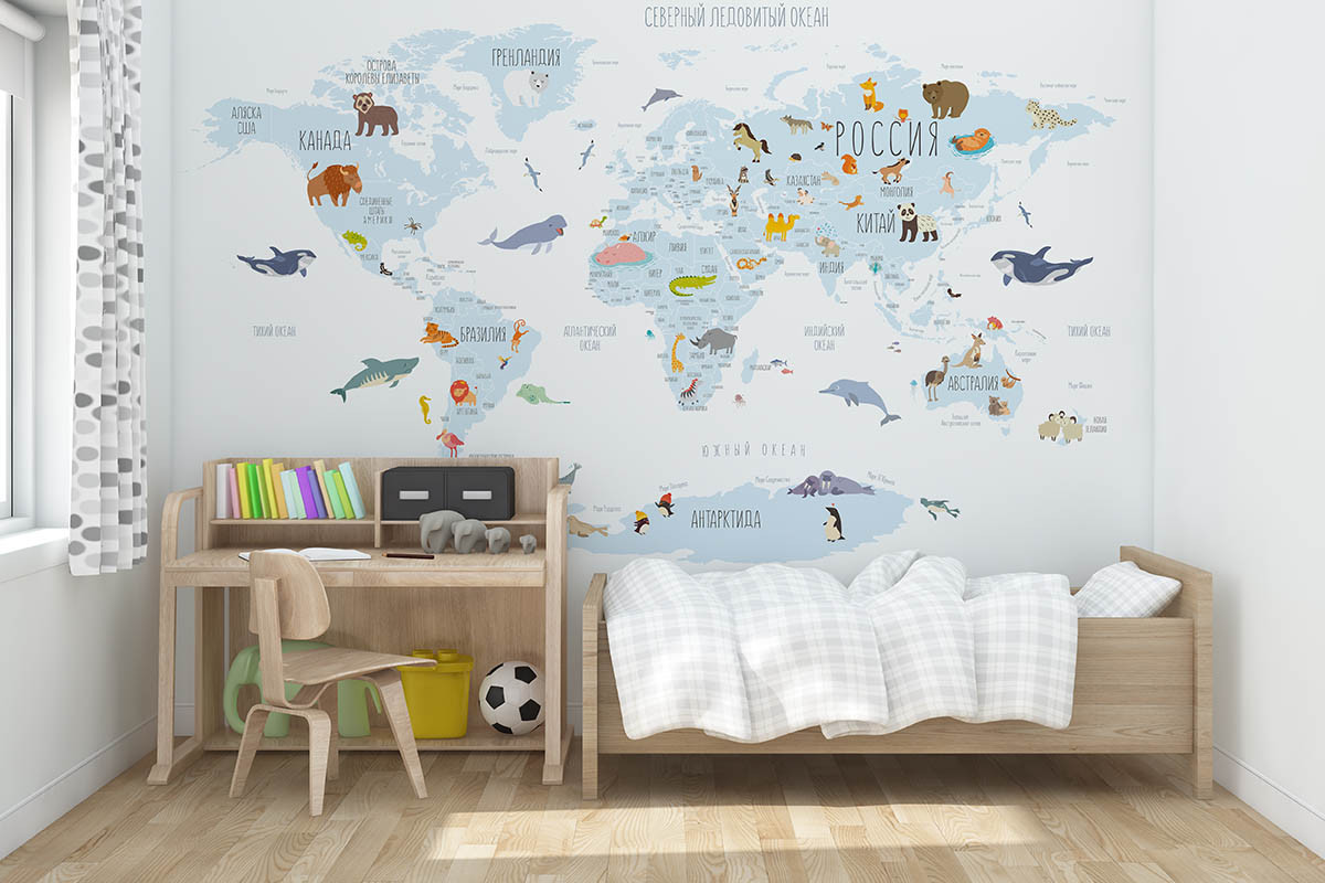 Фотообои Карта мира Малыш на белом фоне