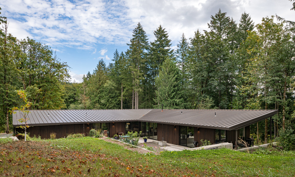 Aménagement d'une façade de maison contemporaine en bois de taille moyenne et de plain-pied avec un toit en appentis, un toit en métal et un toit gris.