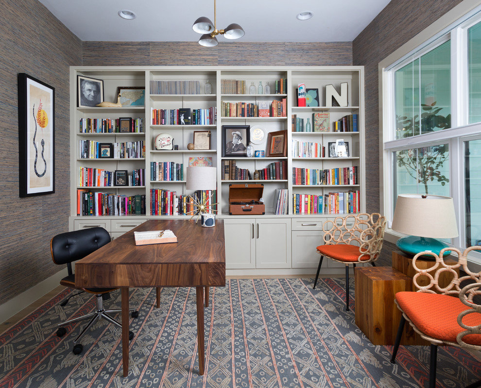 Design ideas for a transitional study room in Austin with a freestanding desk.