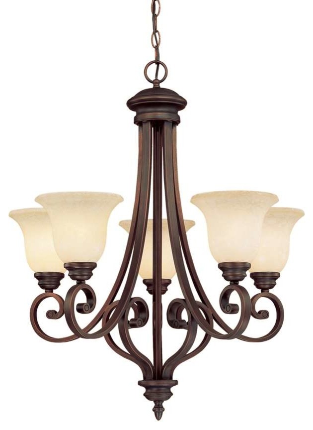 Oxford Rubbed Bronze Five-Light Chandelier with Turinian Scavo Glass
