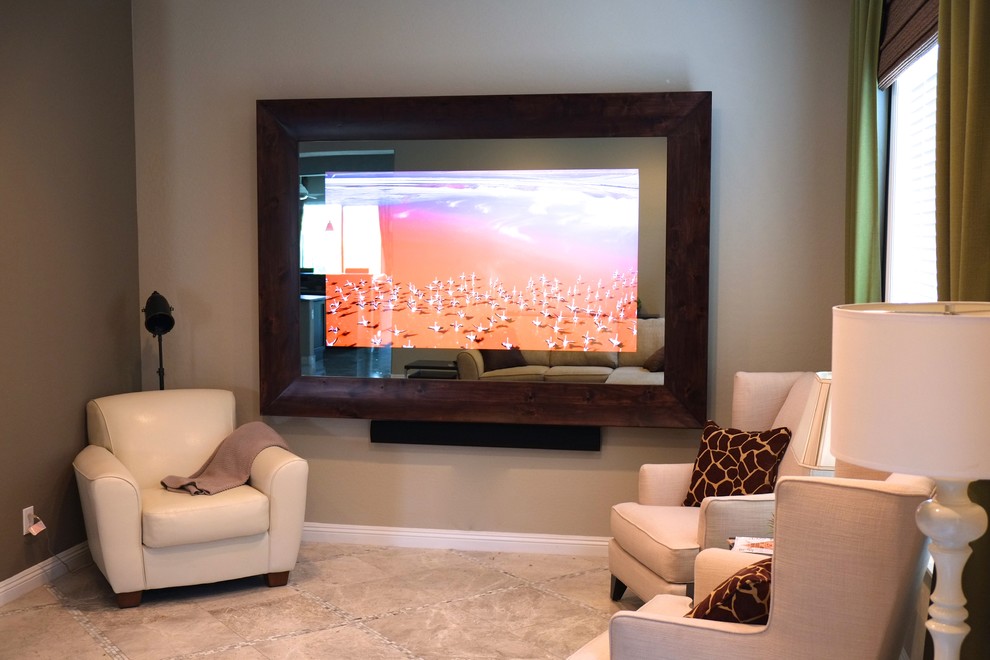 Example of a large transitional formal and enclosed home design design in Phoenix with no fireplace and a concealed tv