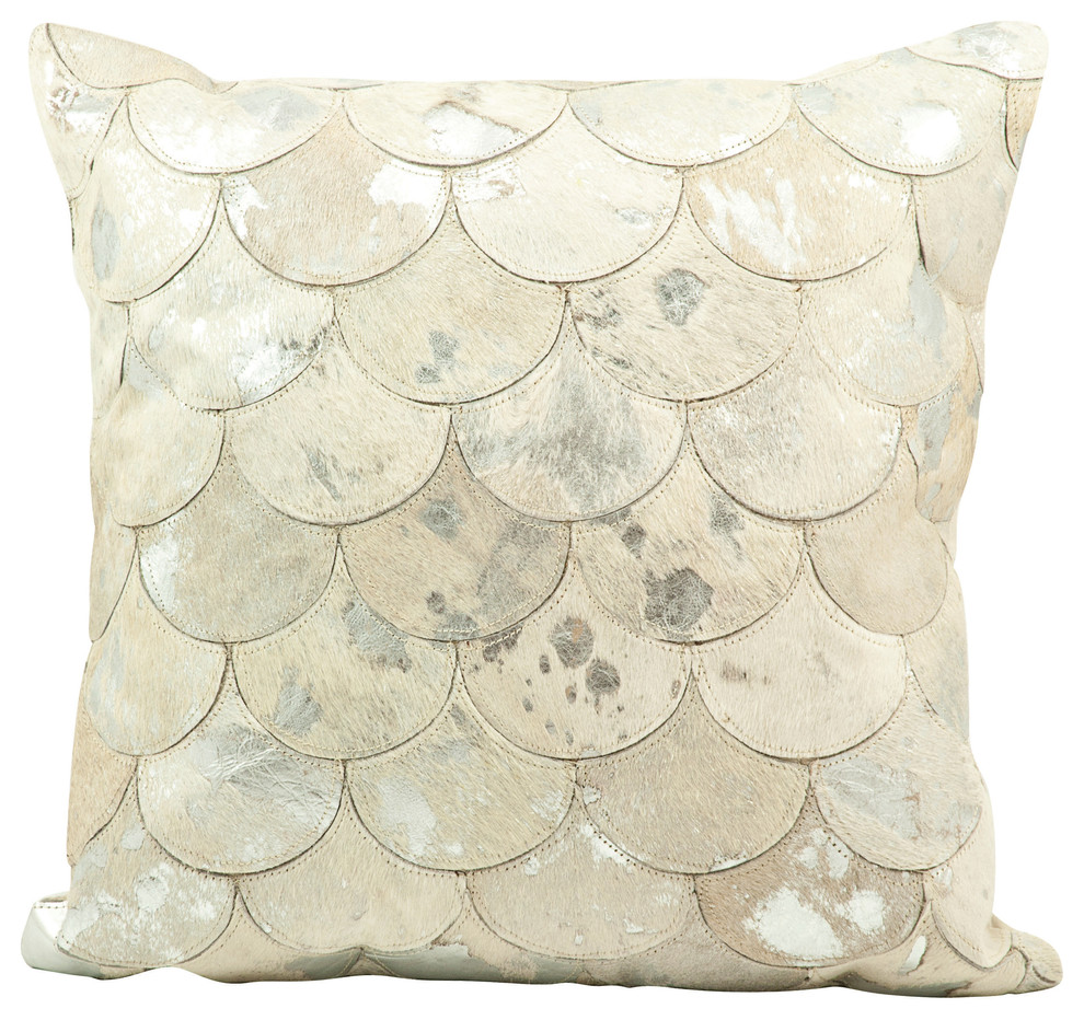 Mina Victory Natural Leather Balloons Pillow, White/Silver, 20"x20"