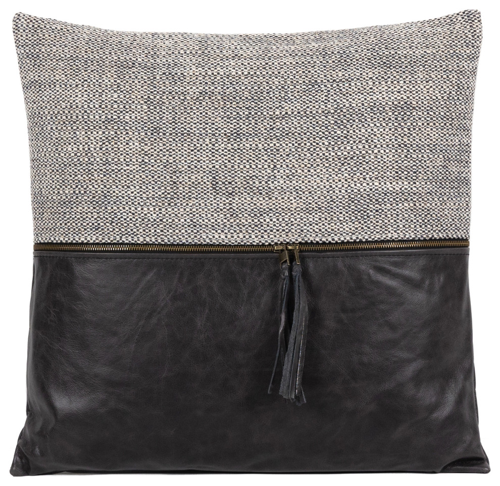 Leather and Linen Pillow, Black, 20"x20" Transitional Decorative