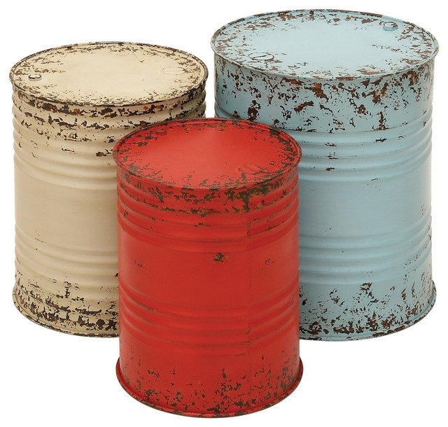 Country Style Set 3 Metal Drum Tables Blue Red White Rustic Accent Country Style Set 3 Metal Drum Tables Blue Red White Rustic Accent Decor