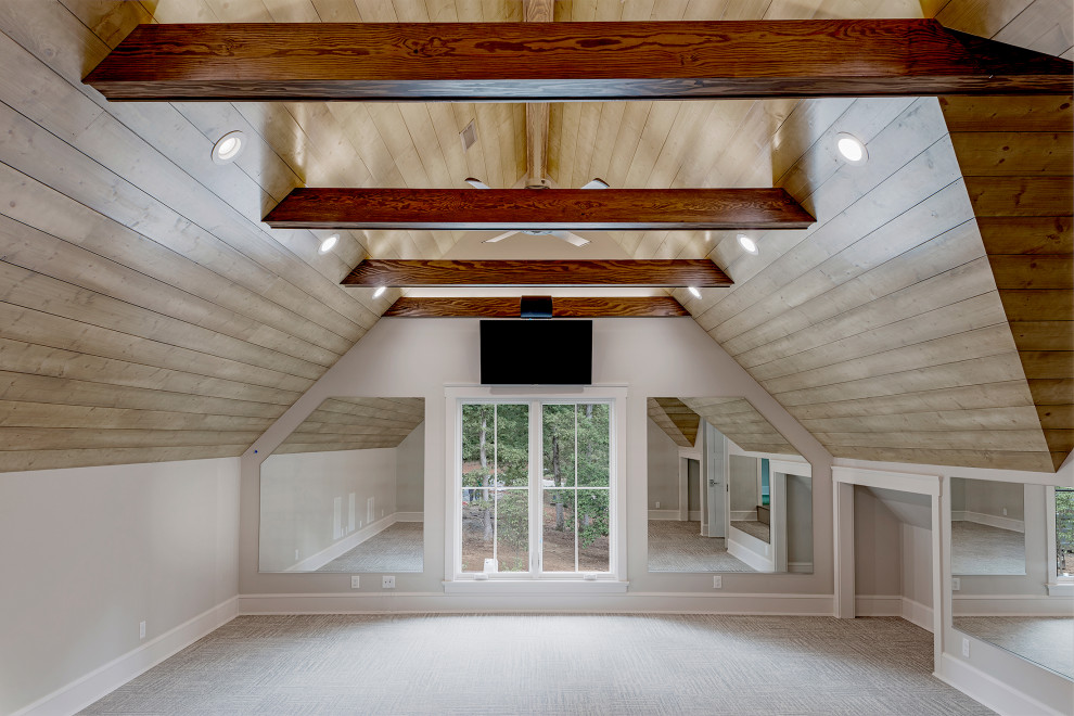 Home weight room - large craftsman carpeted, gray floor and shiplap ceiling home weight room idea in Other with gray walls
