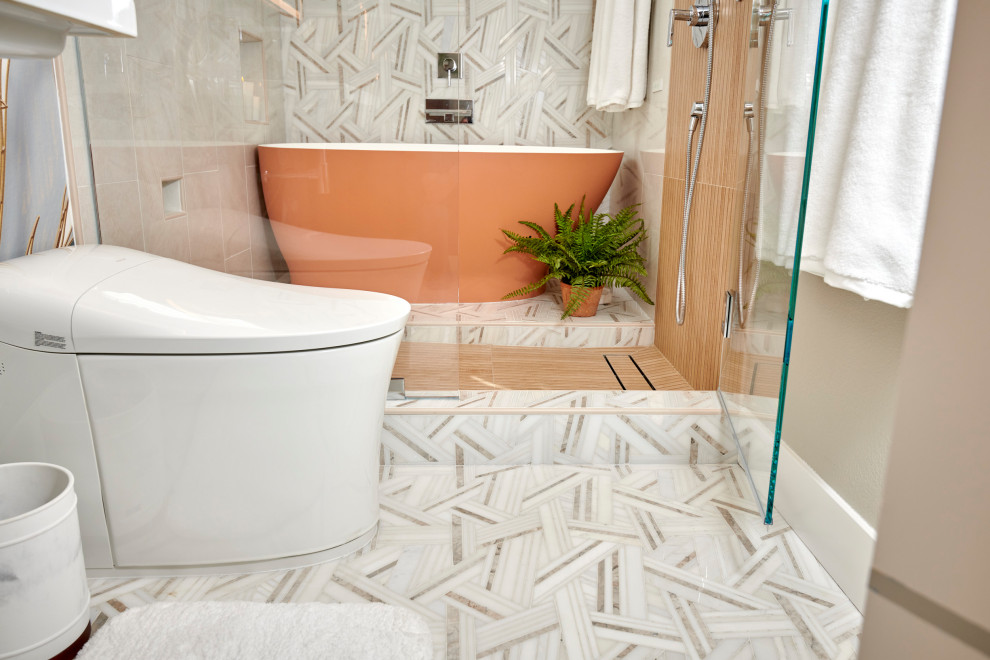 Inspiration for a mid-sized tropical master wet room bathroom in Denver with white cabinets, a freestanding tub, a bidet, white tile, marble, multi-coloured walls, marble floors, a trough sink, white floor, a hinged shower door, white benchtops, a niche, a double vanity, a floating vanity, wallpaper and panelled walls.
