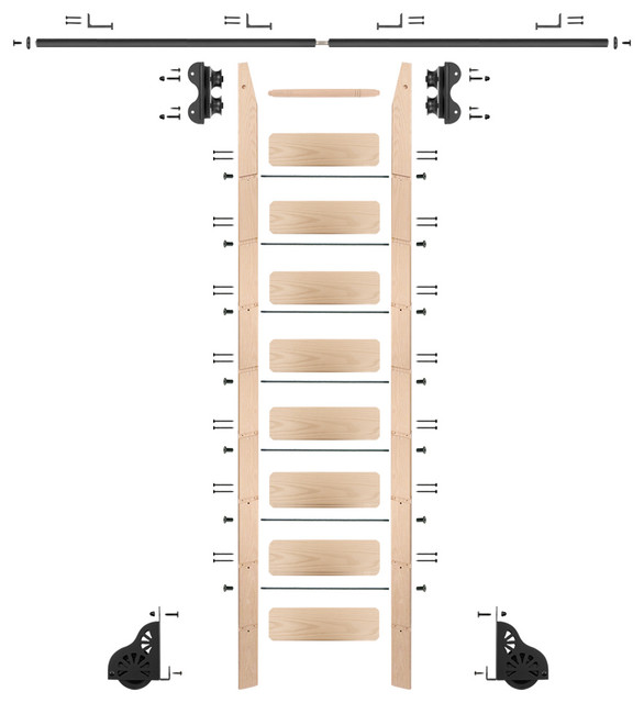 Maple Rolling Ladder Kit, 8' Rail, Black, Horizontal Brackets