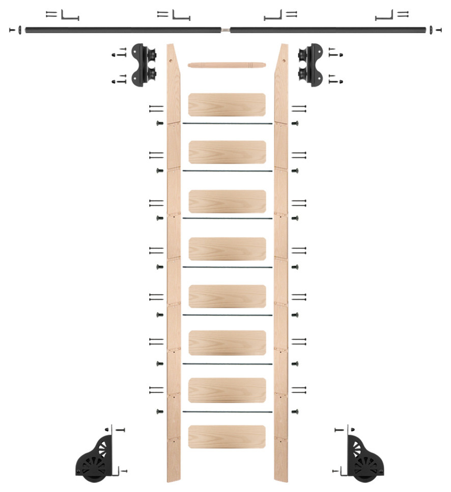 Maple Rolling Ladder Kit, 8' Rail, Black, Horizontal Brackets
