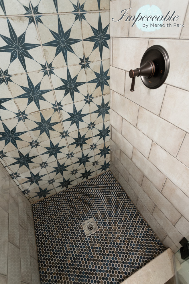 Example of a small transitional 3/4 blue tile and porcelain tile wood-look tile floor, brown floor, single-sink and shiplap wall doorless shower design in Chicago with flat-panel cabinets, brown cabinets, a two-piece toilet, white walls, an undermount sink, quartz countertops, a hinged shower door, white countertops and a freestanding vanity