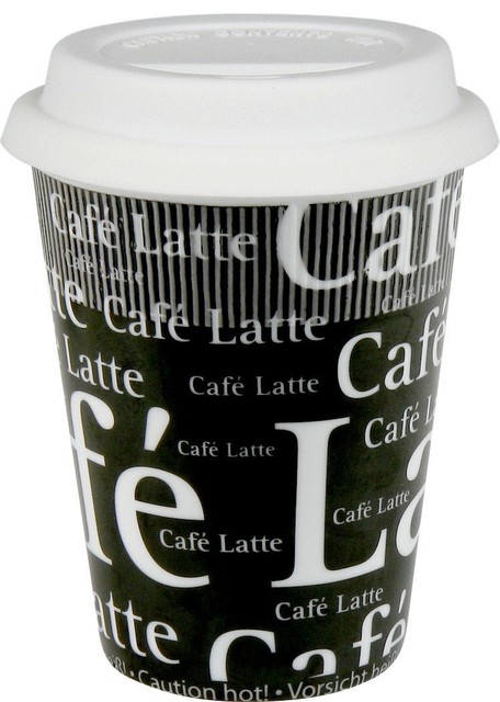 Set of 2 Travel Mugs Cafe Latte Writing on Black