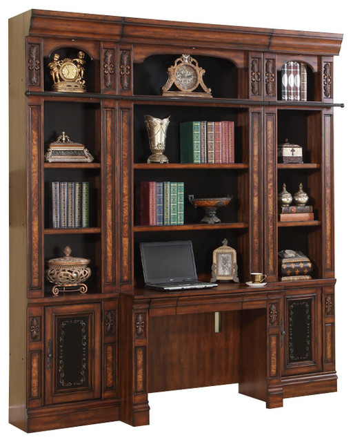 Leonardo 4-Piece Wall Unit With Library Desk, Dark Chestnut Finish ...