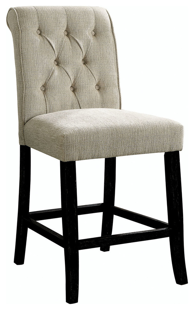 Wooden Fabric Upholstered Counter Height Chair, Ivory and Black, Pack