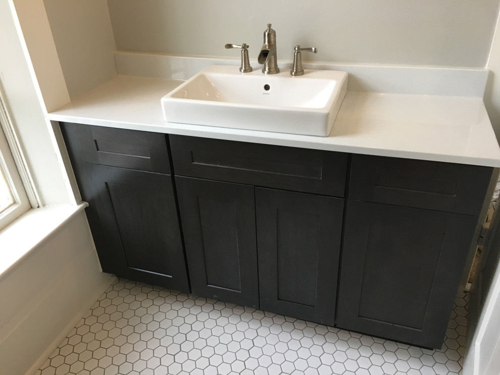 This is an example of a traditional bathroom in Other with grey cabinets, an open shower, a two-piece toilet, white tile, ceramic tile, grey walls, ceramic floors, a vessel sink, white floor and white benchtops.