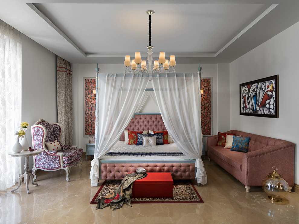 Inspiration for a traditional bedroom in Delhi with white walls and beige floor.