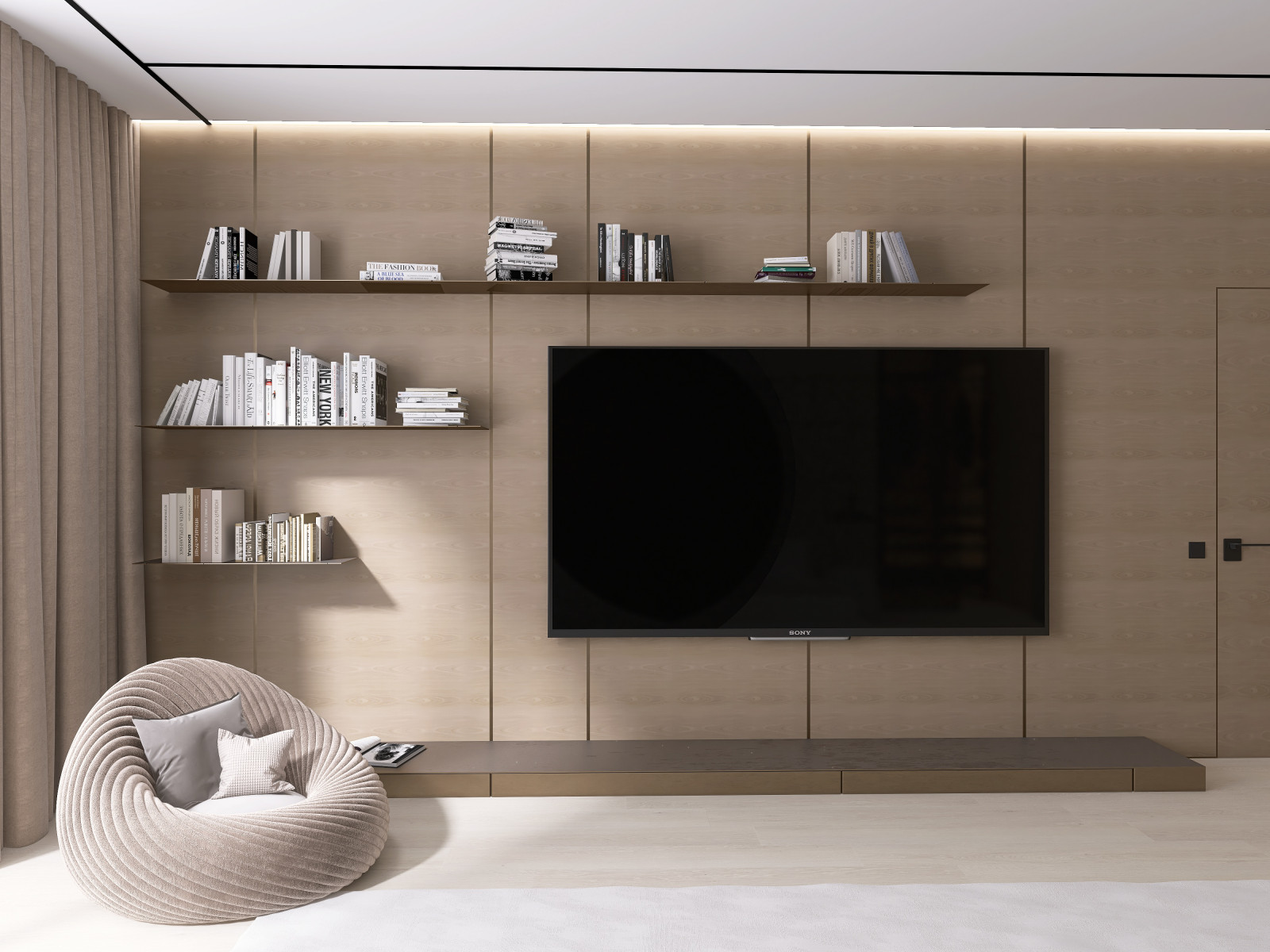 Мастер-блок с собственным гардеробом, необычным полками для книг и ковром на всю