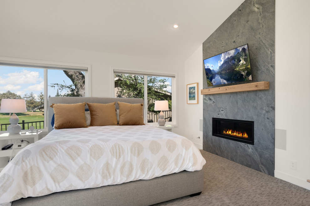 Inspiration for an expansive master bedroom in San Francisco with white walls, carpet, a tile fireplace surround, multi-coloured floor and vaulted.