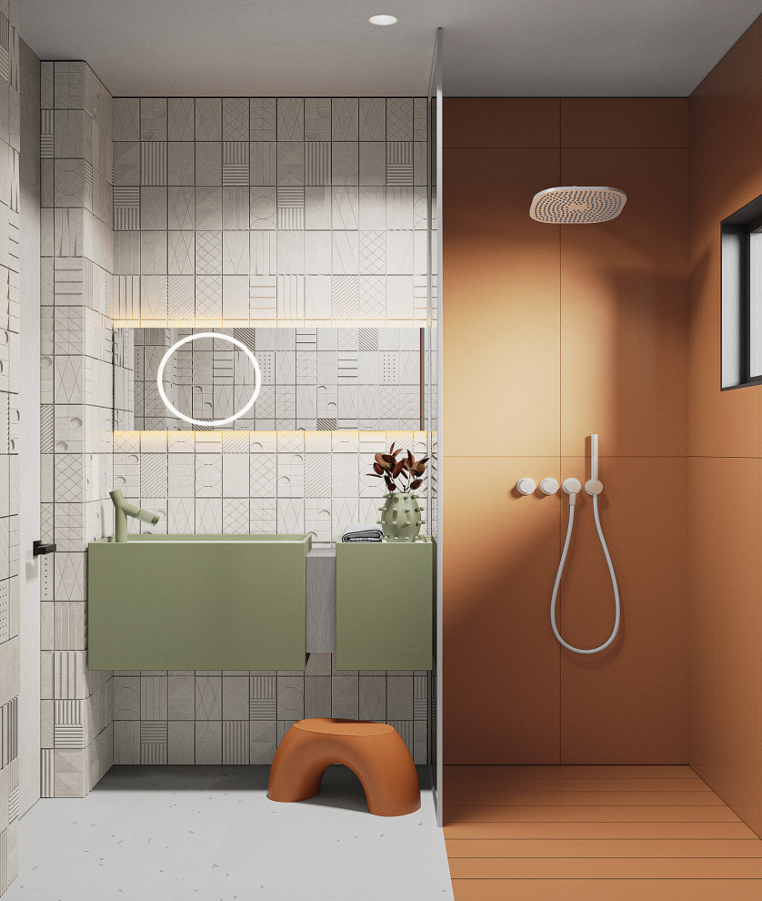 Стильный дизайн: ванная комната среднего размера: освещение в современном стиле с плоскими фасадами, зелеными фасадами, душем в нише, инсталляцией, бежевой плиткой, керамогранитной плиткой, бежевыми стенами, полом из керамогранита, душевой кабиной, врезной раковиной, столешницей из искусственного камня, серым полом, шторкой для ванной, белой столешницей, тумбой под одну раковину, подвесной тумбой, многоуровневым потолком и обоями на стенах - последний тренд