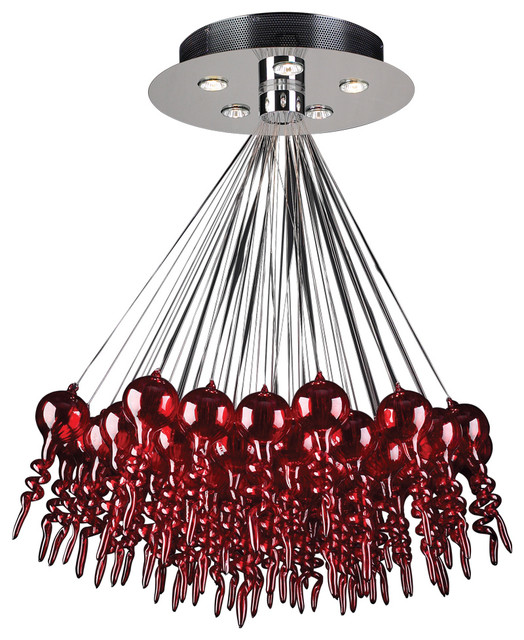 PLC Lighting Dolce Polished Chrome & Red Glass 28'' Wide Five-Light Chandelier