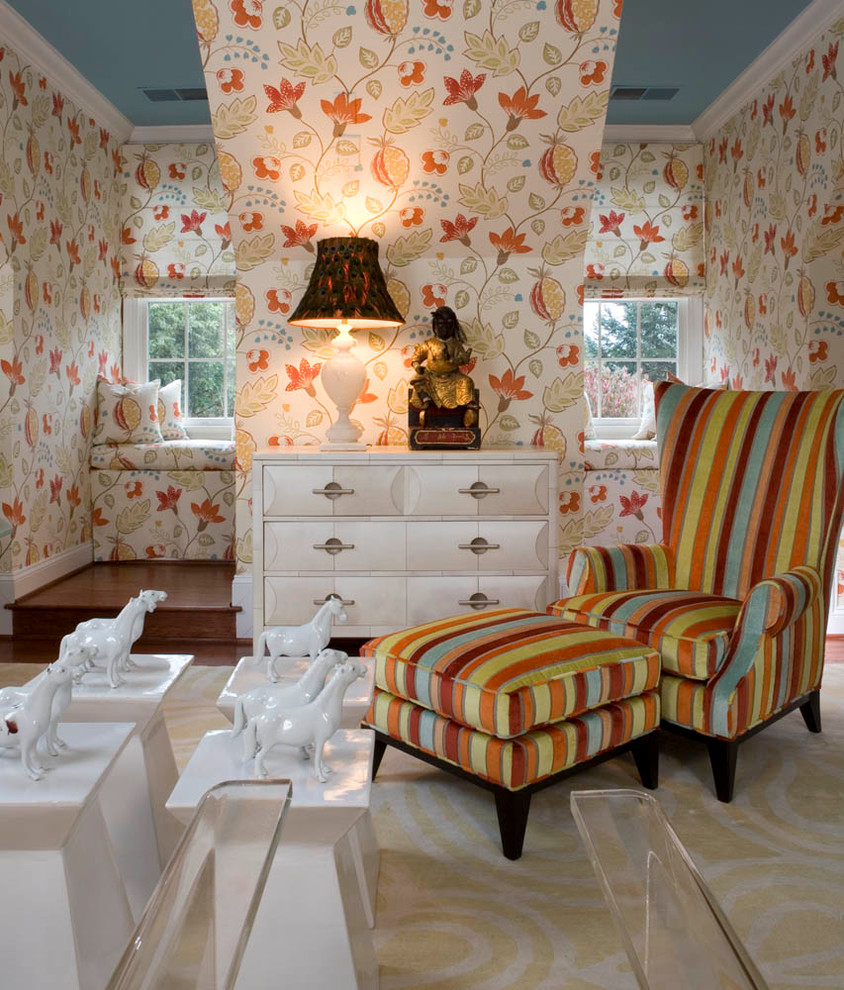Example of a large eclectic guest carpeted bedroom design in DC Metro with multicolored walls and no fireplace