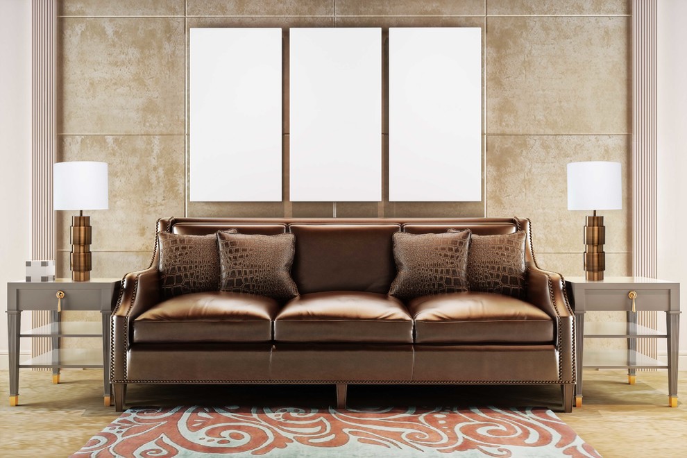 Стильная гостиная с кожаным диваном