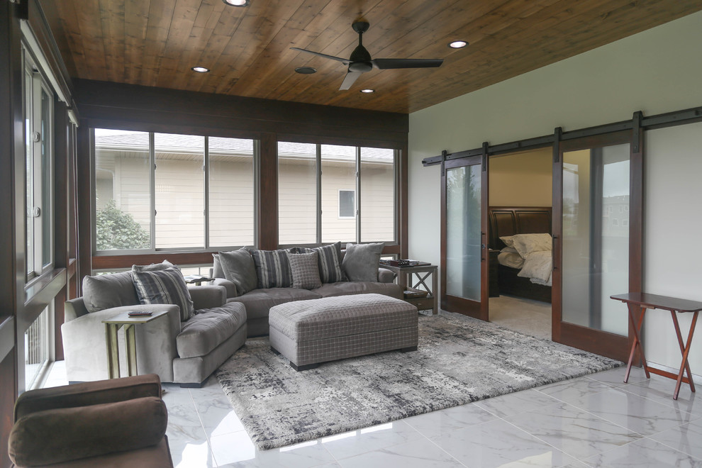 Example of a mid-sized transitional porcelain tile and white floor sunroom design with a standard ceiling