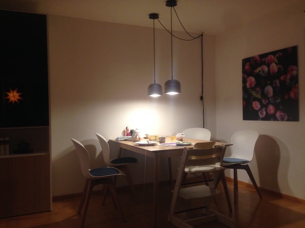 Esszimmer With weißer Wandfarbe and hellem Holzboden in Munich
