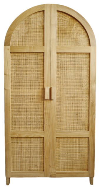 Natural Teak and Cane Armoire Storage Cabinet