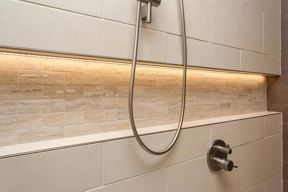 Mid-sized transitional master doorless shower photo with an undermount sink, flat-panel cabinets and dark wood cabinets