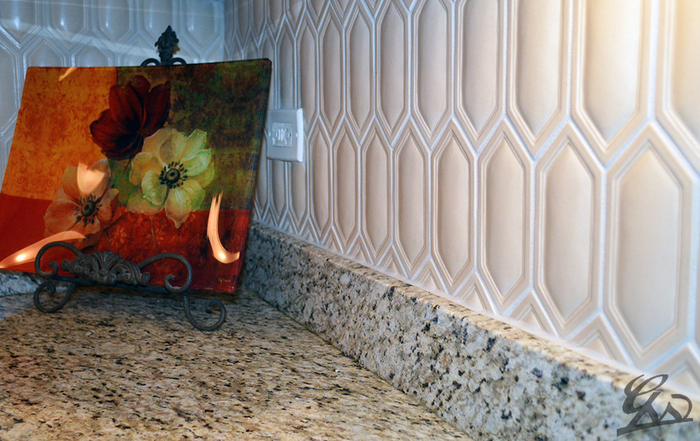 Inspiration for a mediterranean medium tone wood floor and brown floor kitchen remodel in Chicago with ceramic backsplash, granite countertops and beige backsplash