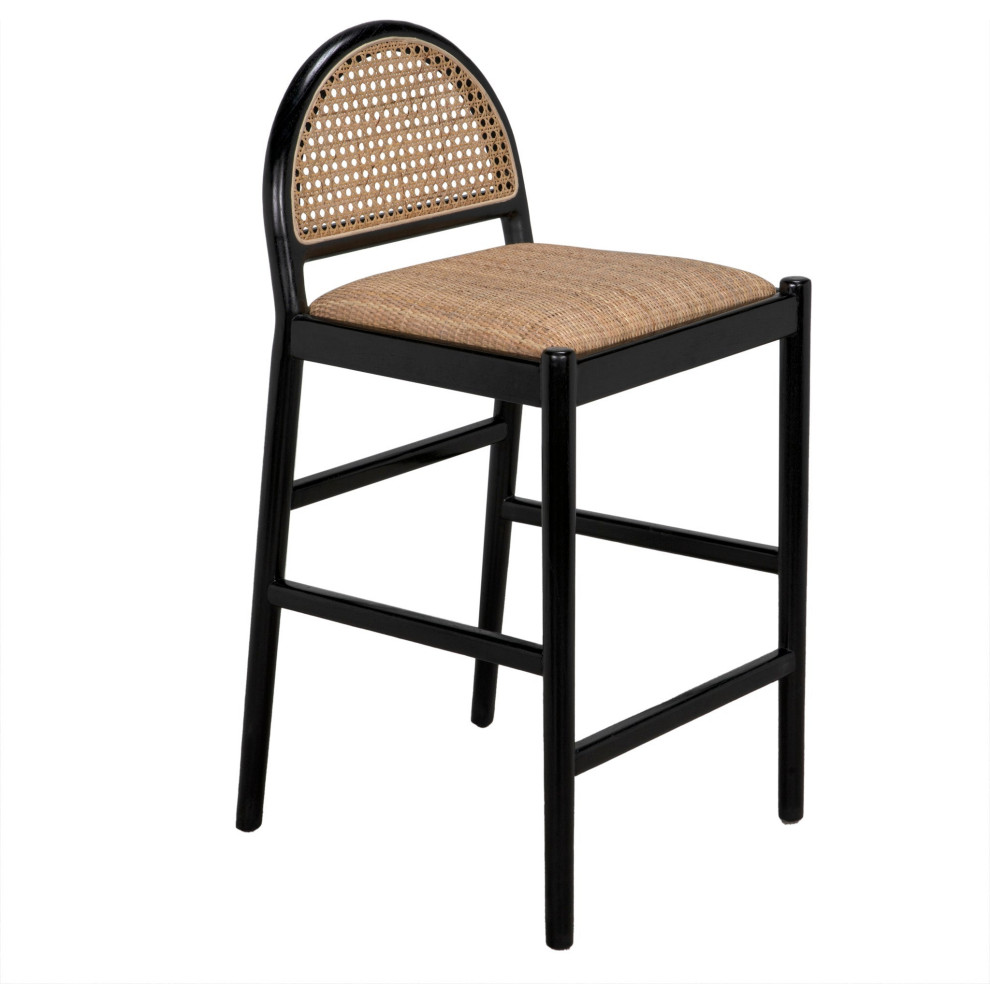Peter Wood and Rattan Counter Stool With Caning Tropical Bar Stools