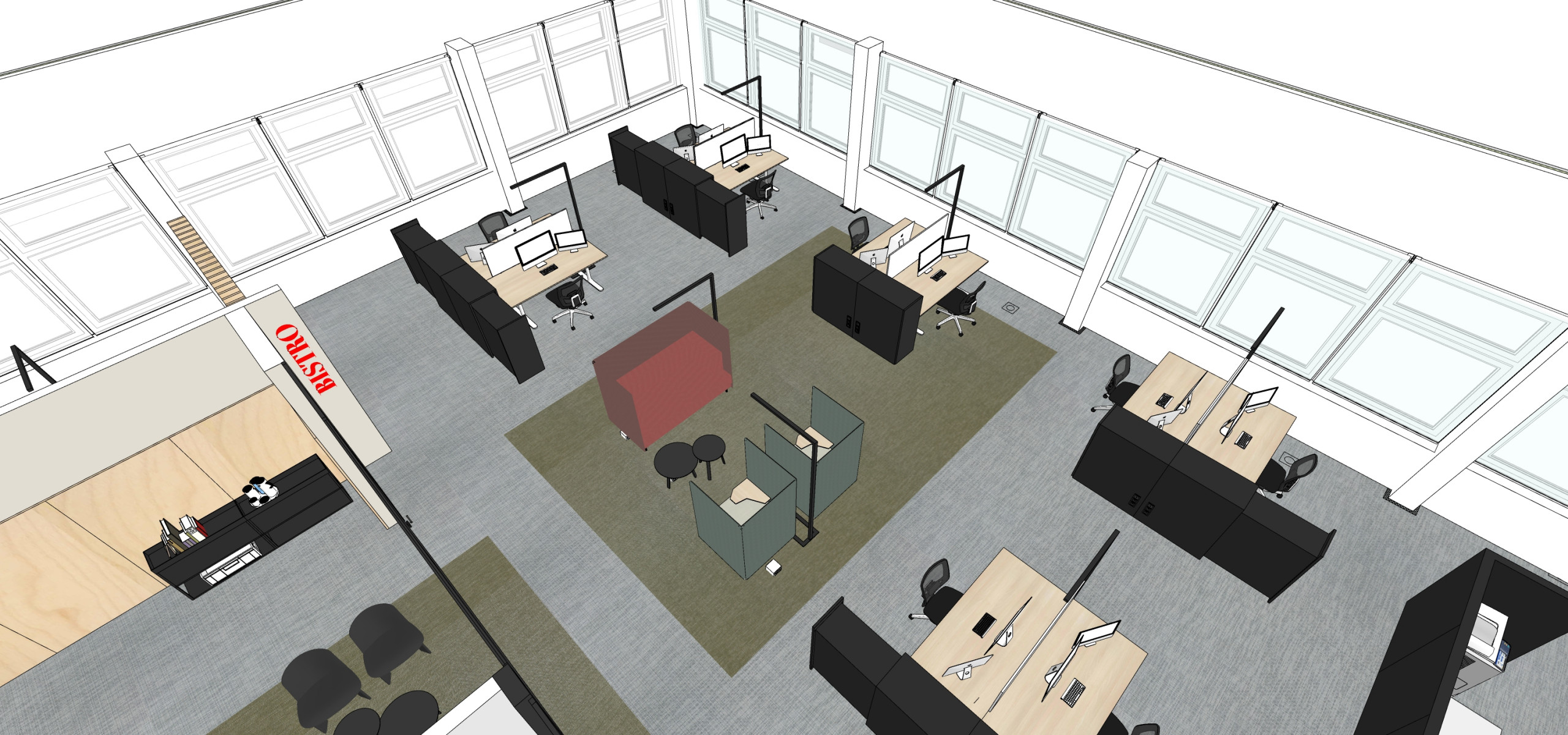 Bobst Customer Care Showroom Office Büro Planung Präsentation Umplanung Modernisierung Ausstellung Interior Design NRW Krefeld Meerbusch Architektur Innenarchitektur Gestaltung 3D Akustik Beleuchtung