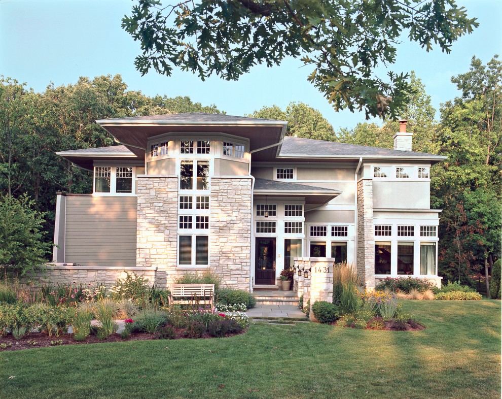 Inspiration for a contemporary exterior in Chicago with stone veneer.