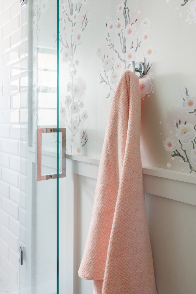 Inspiration for a medium sized country grey and pink family bathroom in San Diego with a walk-in shower, white tiles, metro tiles, white walls, a hinged door, a shower bench and wallpapered walls.