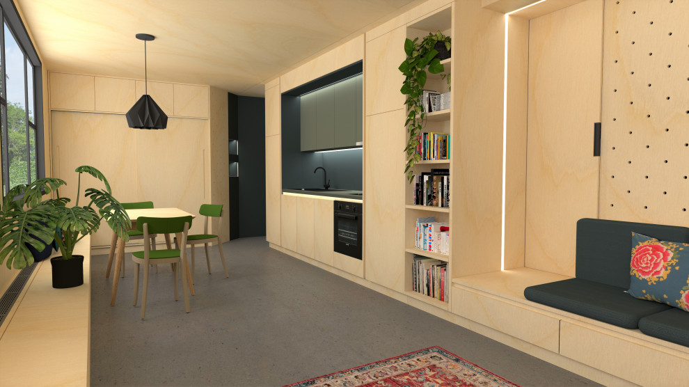 Inspiration for a medium sized classic single-wall kitchen in Lille with a single-bowl sink, all styles of cabinet, light wood cabinets, laminate countertops, grey splashback, all types of splashback, integrated appliances, concrete flooring, no island, grey floors, green worktops and a wood ceiling.