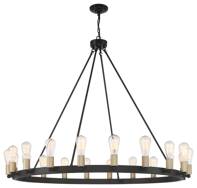 20 Light Candle Style Wagon Wheel Chandelier, Classic Black/Brass Dust