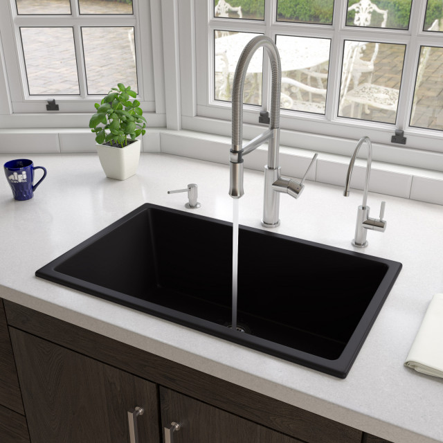 Black Matte 30" x 18" Fireclay Undermount/Drop In Fireclay Kitchen Sink Contemporary Kitchen