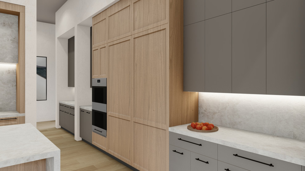 Large transitional l-shaped light wood floor eat-in kitchen photo in Phoenix with a drop-in sink, recessed-panel cabinets, light wood cabinets, quartz countertops, stainless steel appliances, an island and white countertops