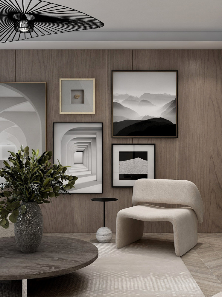Foto på ett mellanstort minimalistiskt separat vardagsrum, med ett finrum, flerfärgade väggar, ljust trägolv, en bred öppen spis, en spiselkrans i sten, en inbyggd mediavägg och beiget golv