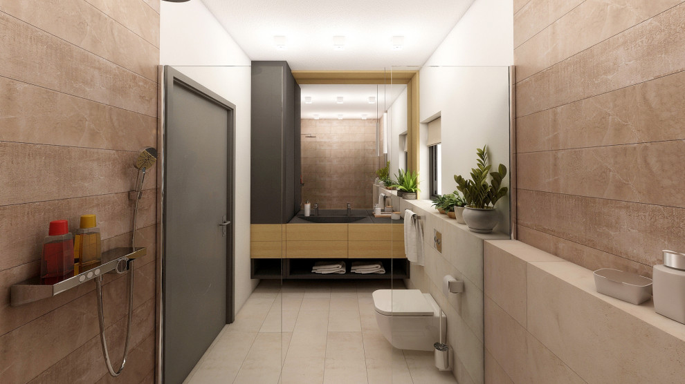 Стильный дизайн: ванная комната в современном стиле с подвесной тумбой - последний тренд