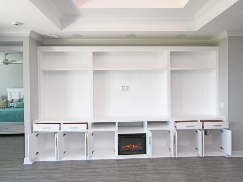 Custom BuiltIn Shaker Entertainment Center with Fireplace, Shiplap