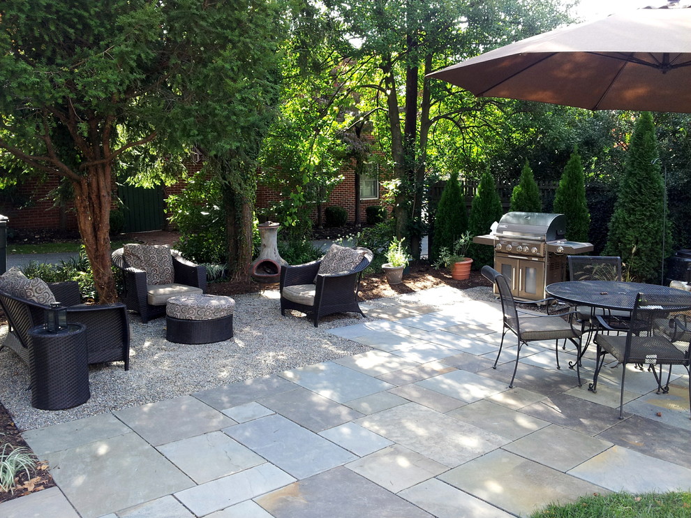 Inspiration for a timeless patio remodel in DC Metro with a fire pit and no cover