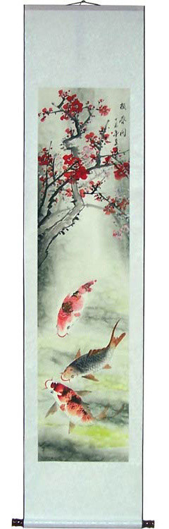 70" Tall Koi Fish and Cherry Blossoms Chinese Print Scroll